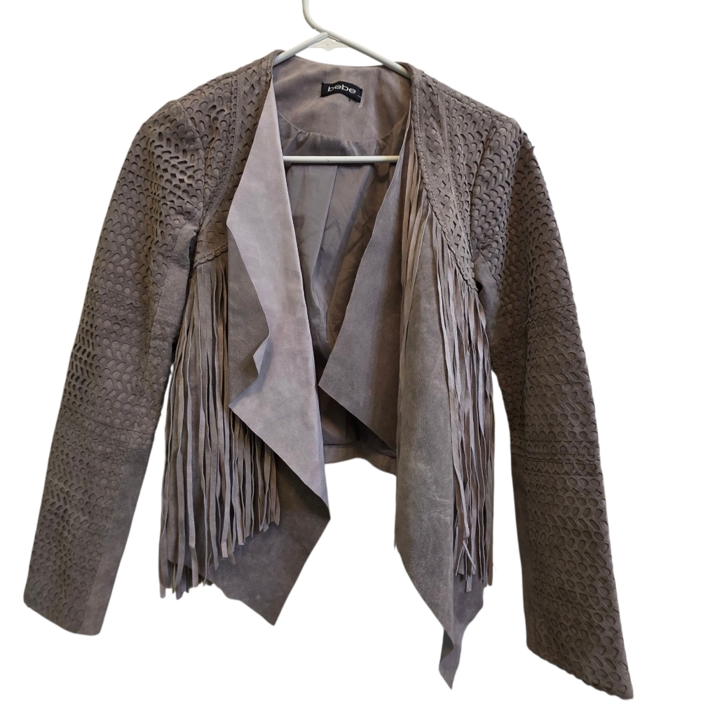 Vintage Bebe Suede Western Fringe Tuxedo Jacket With Cutout Detail Gray SzXS